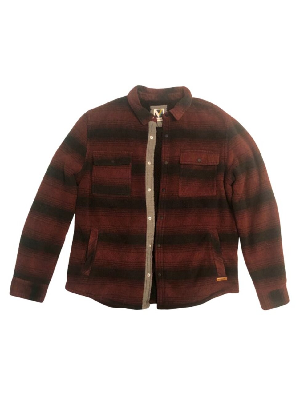 Voyager Fleece Sherpa Lined Jacket Mens Medium Red Black Stripe Bomber Shacket